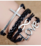 Браслет LOVE с крестом / черный 16cm+5cm